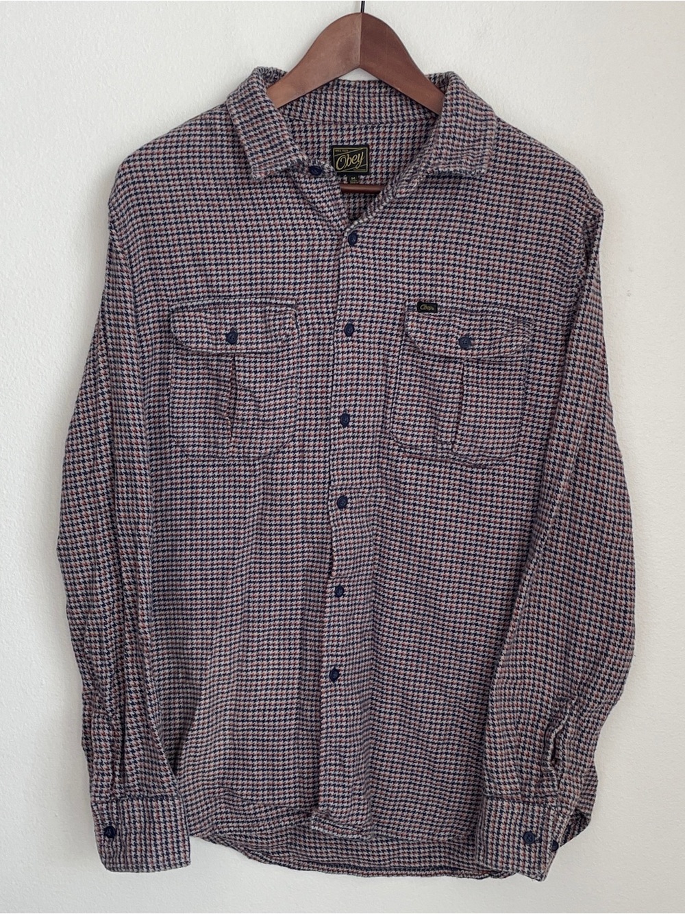 Obey Houndstooth Flannel Button Down Shirt Mens M 100% Cotton Streetwear Skater